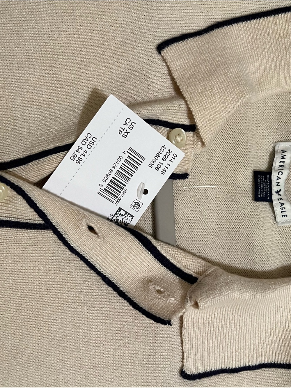 American Eagle Club Collar Knit Polo Shirt in Cream with Contrast Trim - Picture 6 of 6